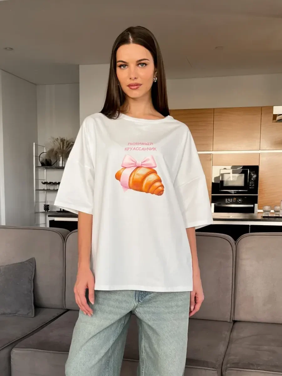 

2025 Summer New Croissant Printed T-shirt Woman American Retro Ins Street Clothing Personality Y2k Loose Half-sleeved Tops