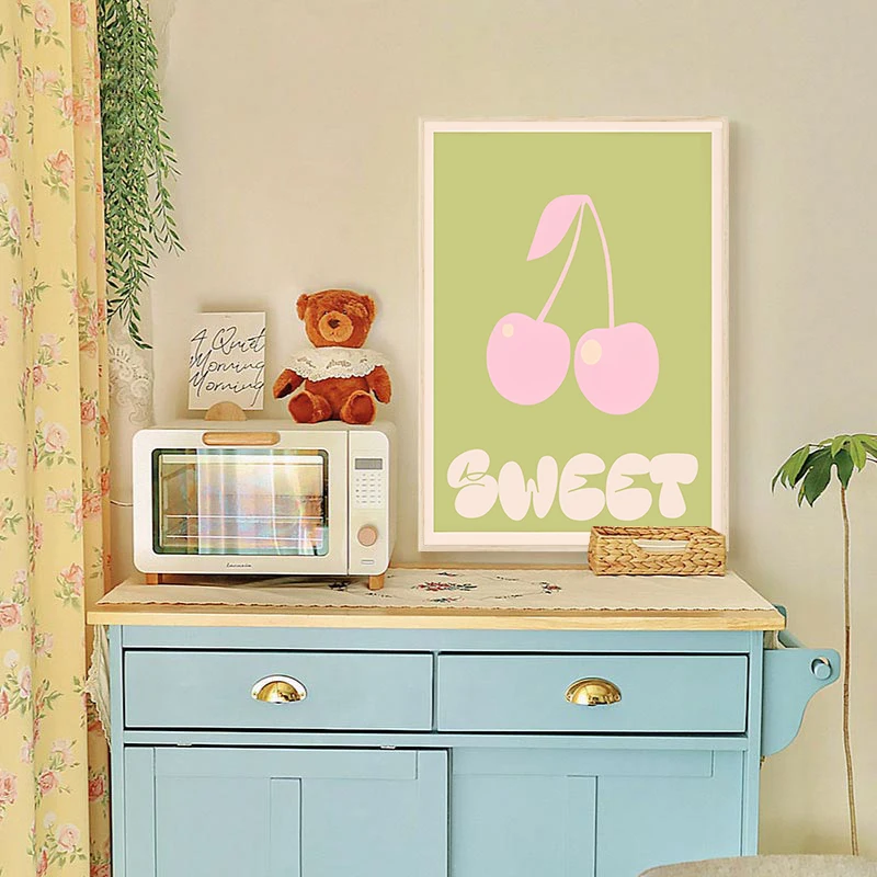 Abstract Green Floral Heart Cherry Posters Danish Pastel Canvas Painting Living Room Wall Art Painted Picture for Home Decor