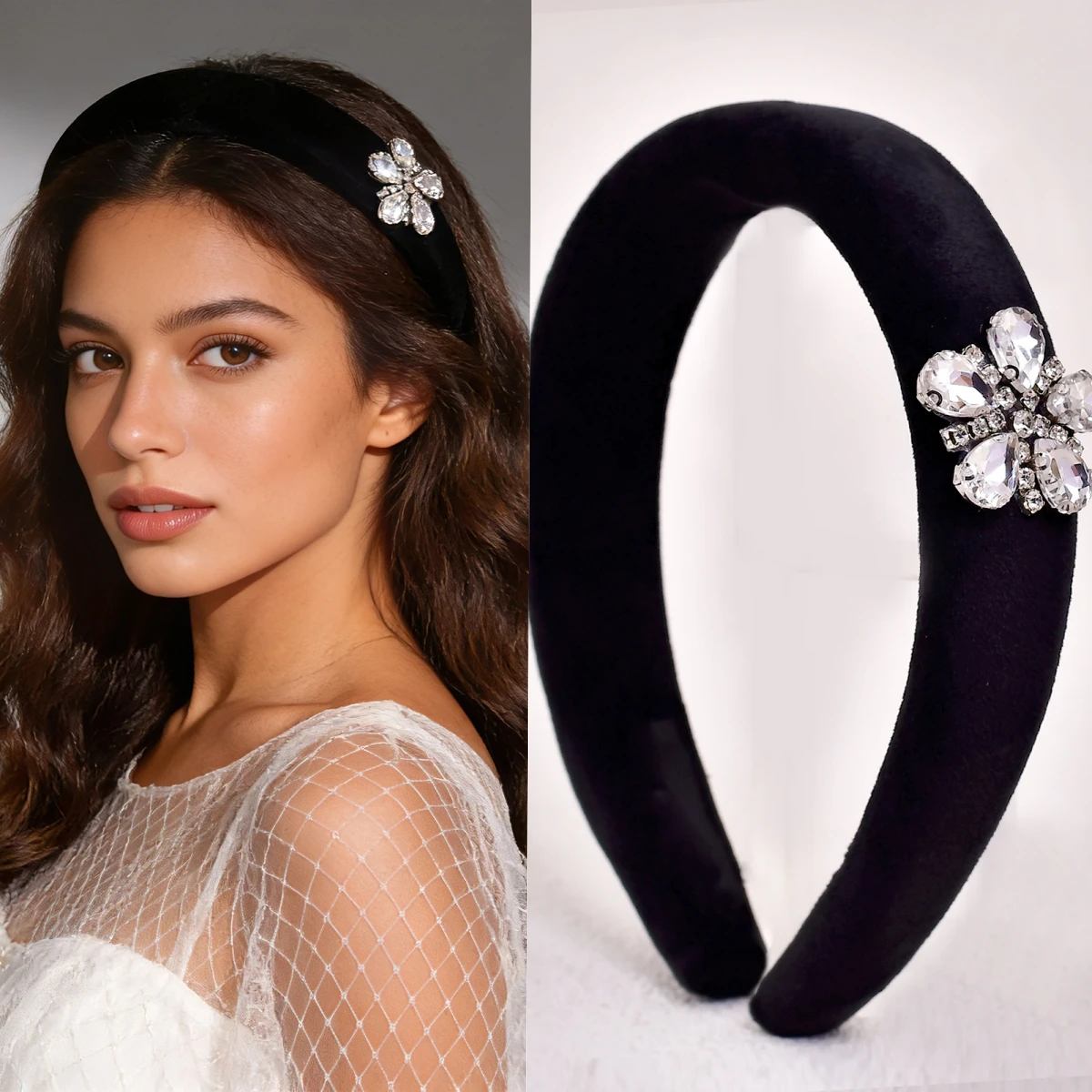 

Retro Minimalist Rhinestone Headband, Black Velvet Fabric, Glamorous Prom Hair Accessory, Everyday Headpiece SA13