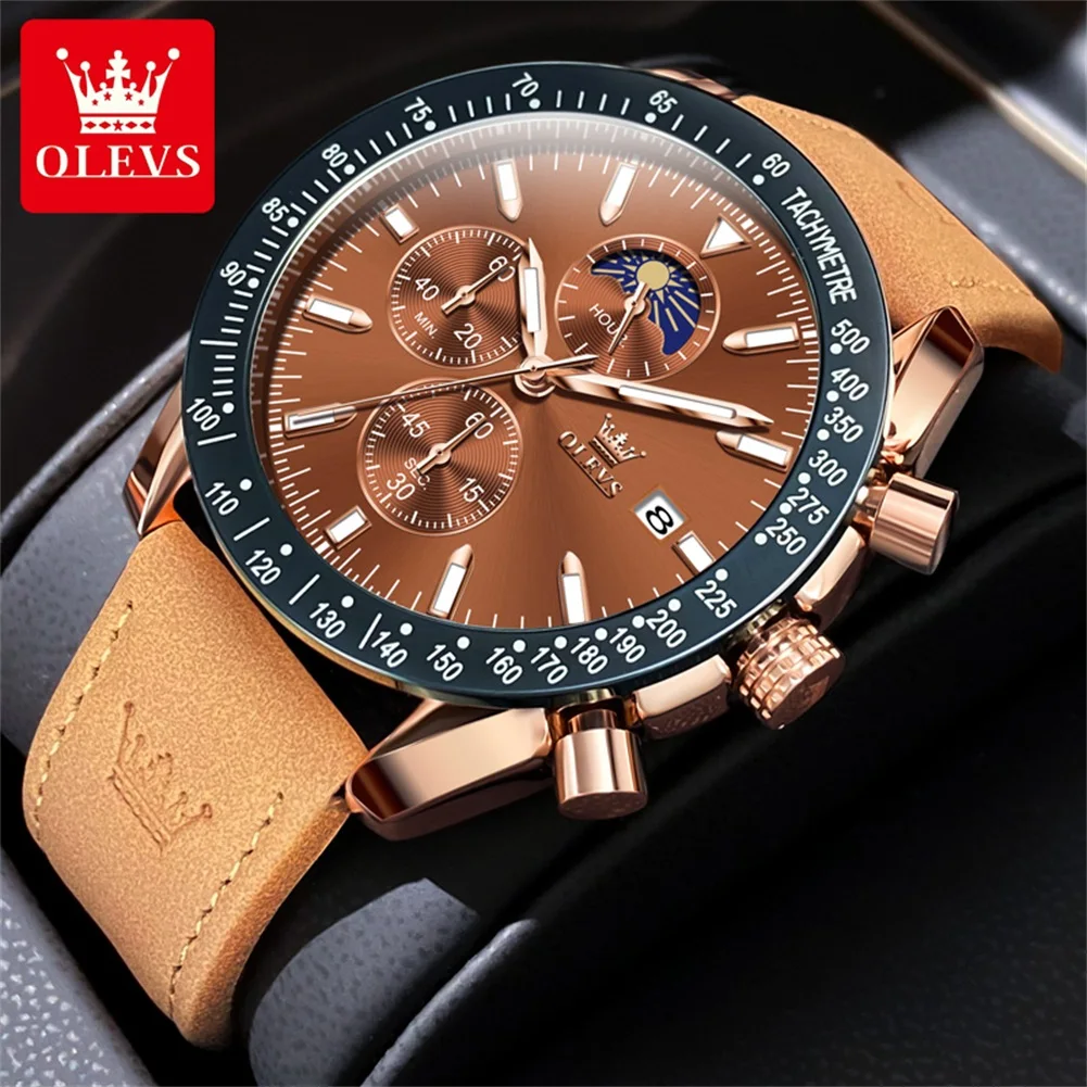 OLEVS Original Men\'s Quartz Watch Brown Leather Strap Moon Phase Waterproof Multifunctional Luxury Brand Watch for Men 2024 New