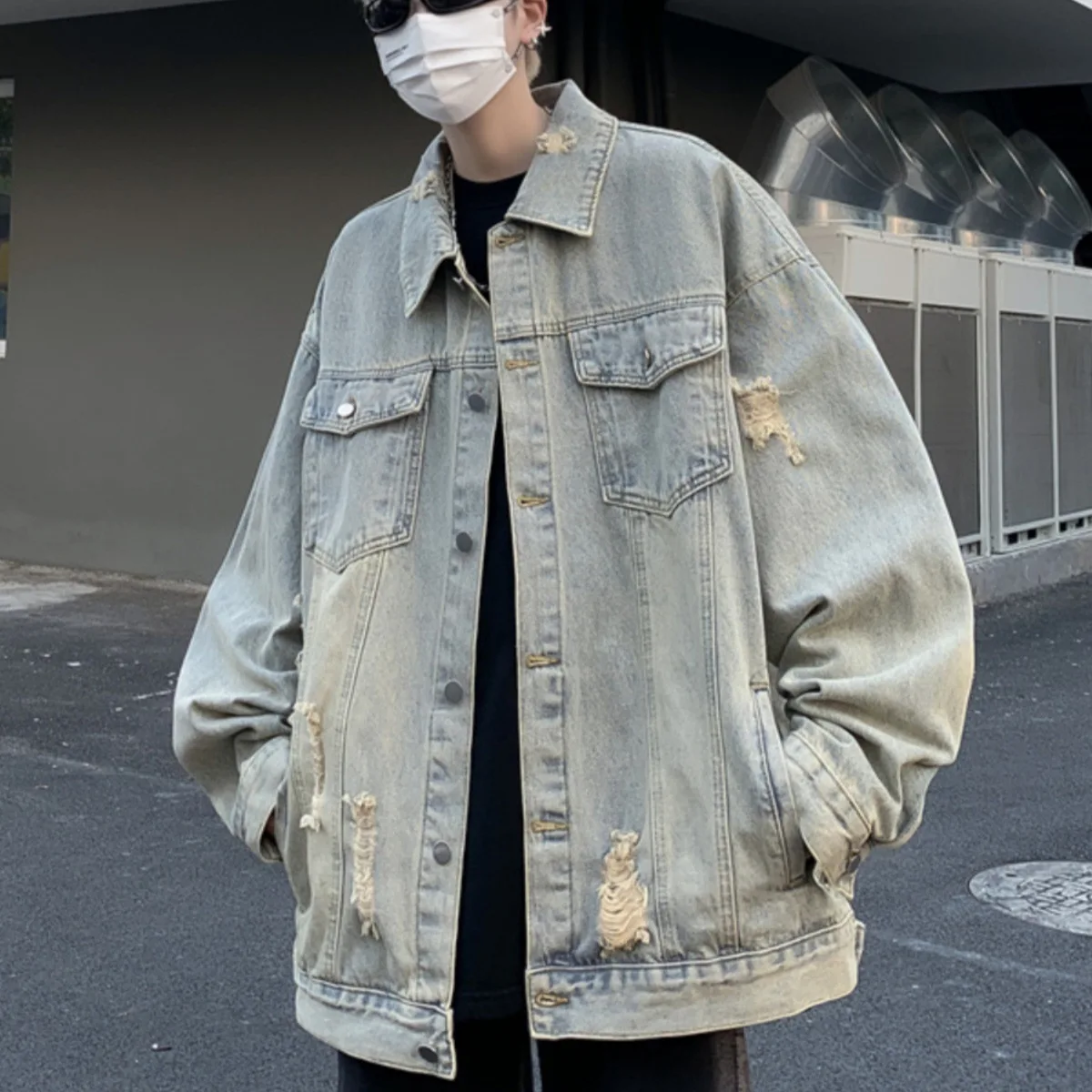 

Street Style American Retro Distressed Unisex Loose Trendy Brand Autumn Winter Men's Casual Ripped Jacket Top