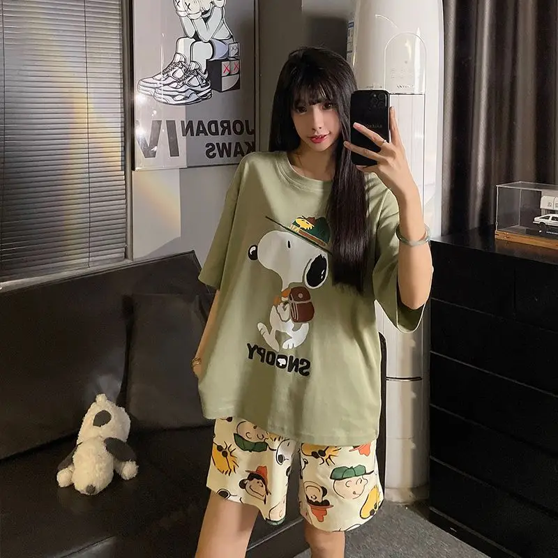 

New Anime Characters Cute Cotton Pajamas Women's Summer Thin Short Sleeved Shorts Snoopy Cartoon Home Clothes Set Women's Gift