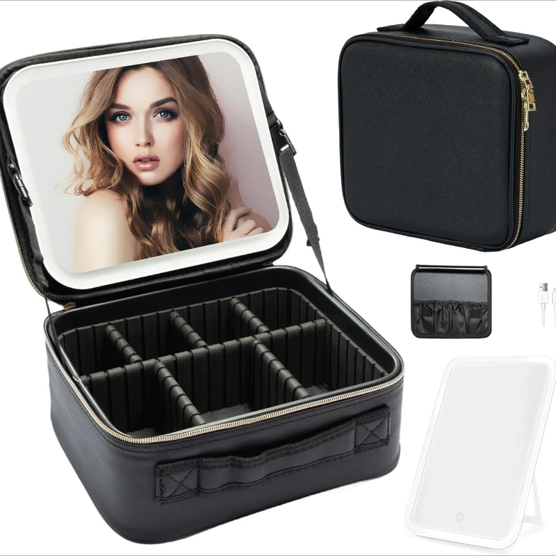 

Makeup Bag with LED Mirror – Waterproof Cosmetic Train Case with Adjustable Dividers,Portable Makeup Organizer and Toiletry Bag