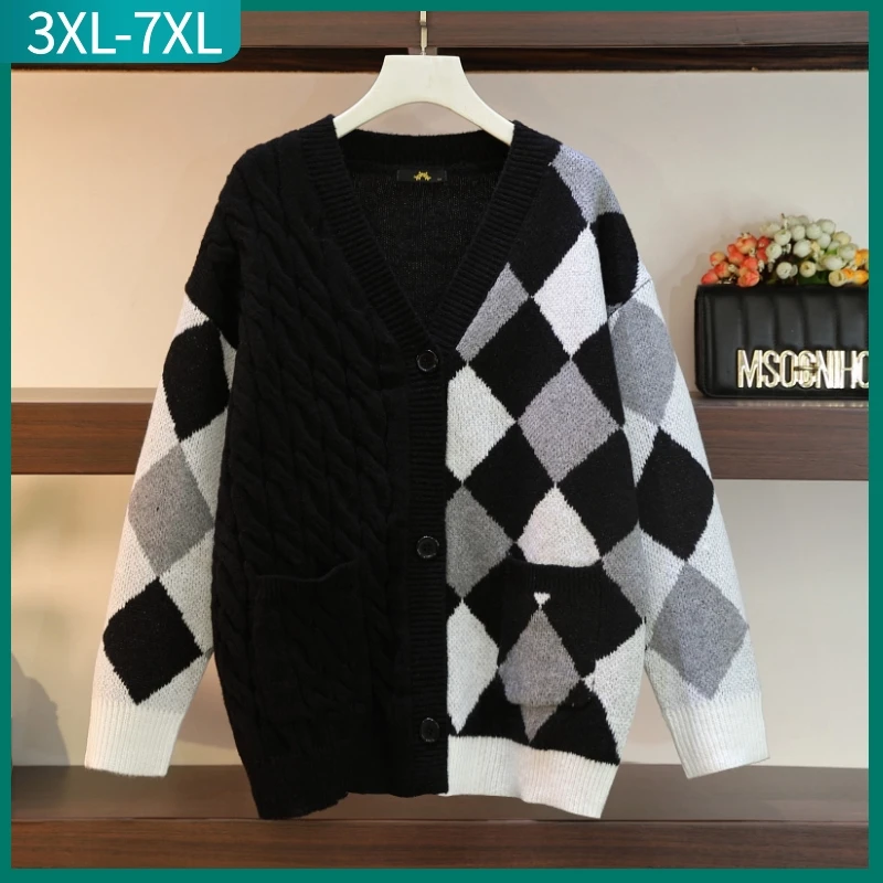 

New 2022 Winter Plus Size Knit Jacket For Women Large Size Loose Long Sleeve Plaid Cardigan Sweater Coat 3XL 4XL 5XL 6XL 7XL