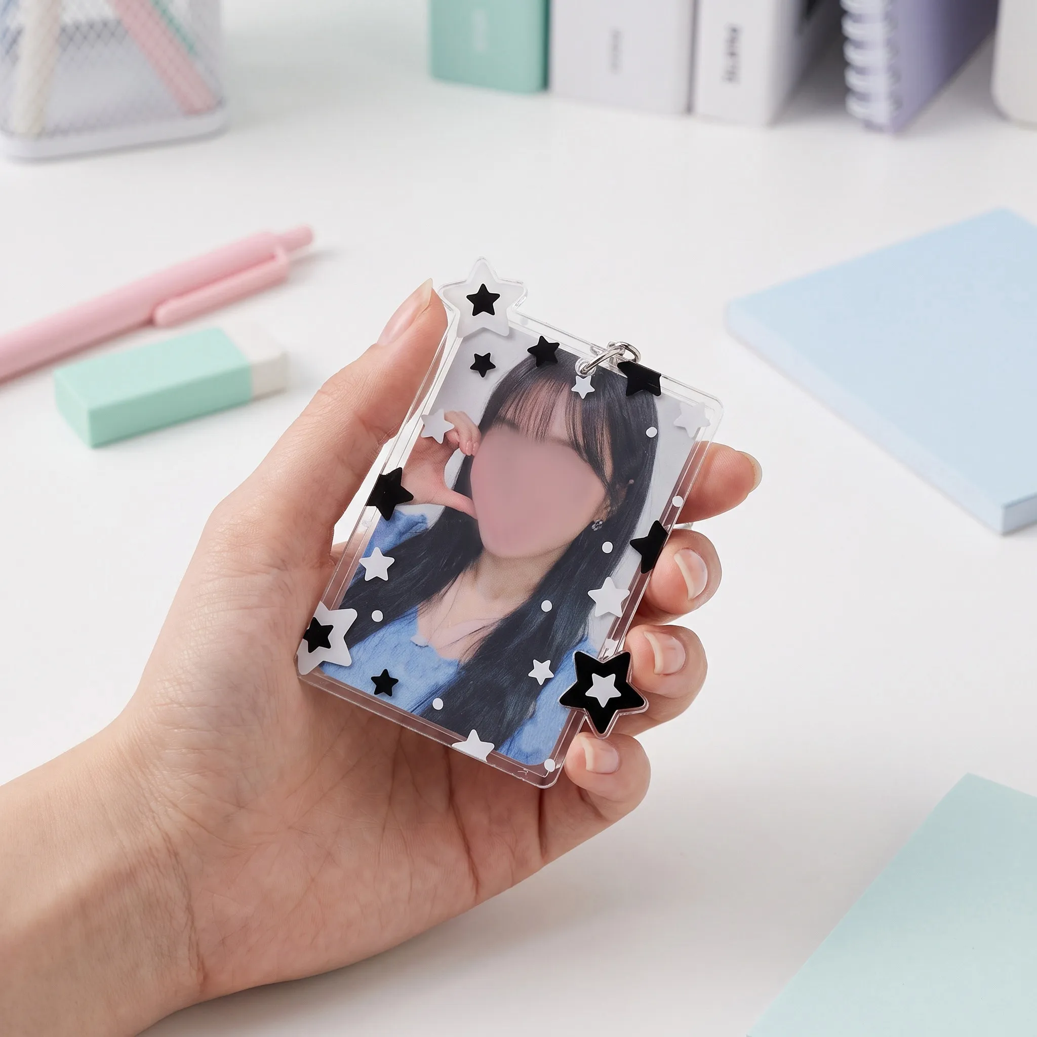 2Pcs Acrylic Photocard Holder Card Holder Metal Keyring Double Sided Transparent Wallet Insert Photo Display Bag