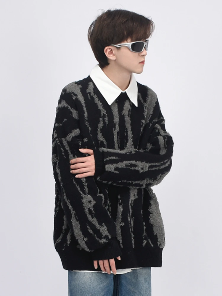 

Sweaters Men Casual Simple Loose Pullovers Spring Autumn Striped Panelled High Street Retro Knitwear American Style Fashion Male