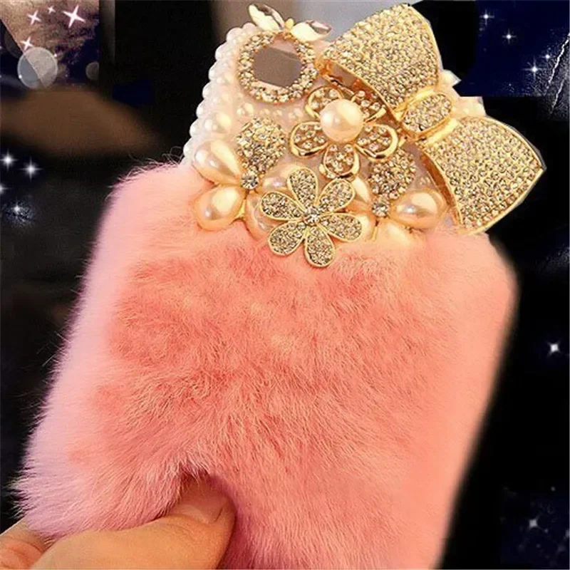 Bling Crystal Fluffy Rabbit Fur Case Winter Soft Crystal Case Bling Crystal for Iphone 15 14 11 12 13 Pro XS MAX XR 16 PLUS Case