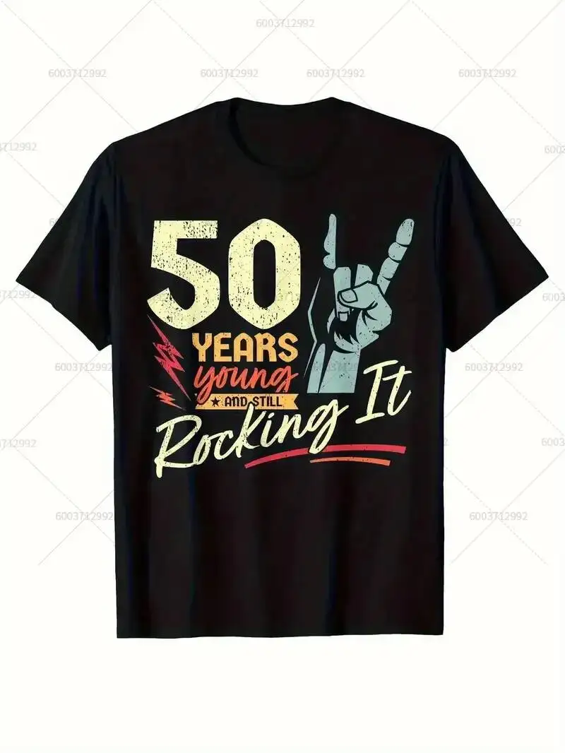Men's T-Shirt Funny Vintage 50Th Birthday Rock 'N' Roll Short Sleeve Women Oversized Tees Harajuku Y2k Streetwear 100% Cotton