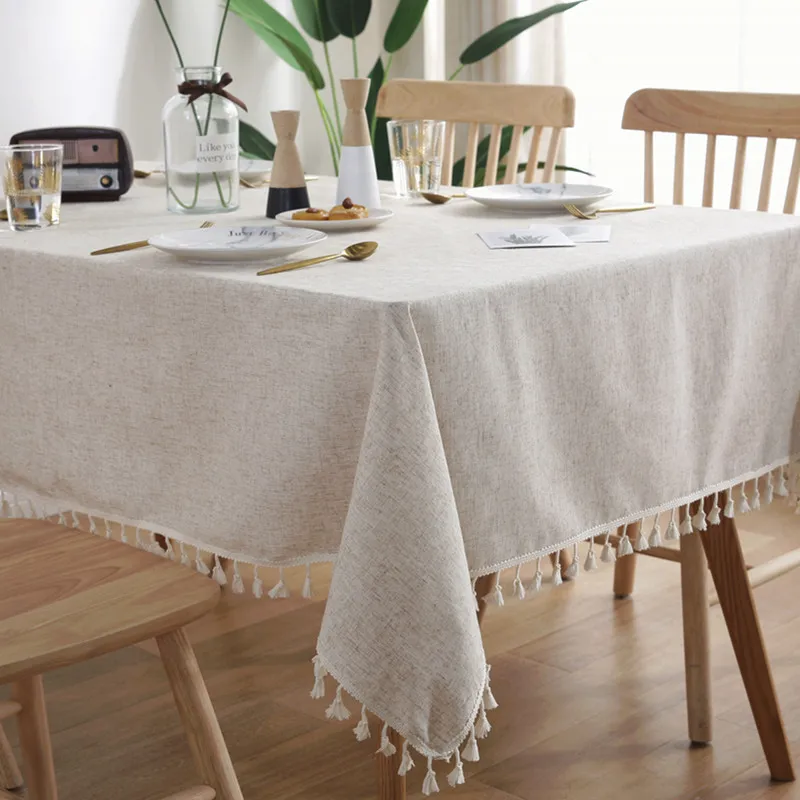 Nordic simple bamboo hemp solid color fringed tablecloth plain color cotton linen rectangular tablecloth cover