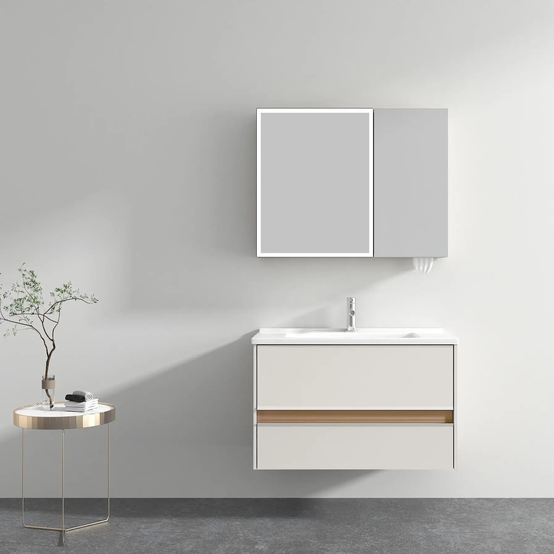 80cm White Wall-Hung Bathroom Cabinet with Ceramic Basin and Vanity Mirror Farmhouse Hospital Use Complete Bathroom Vanity