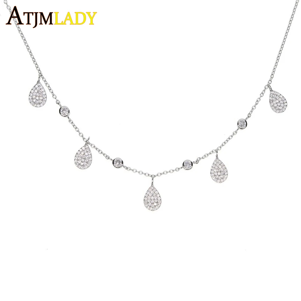 925 Sterling Silver Mulity Water Droplets Cz Charm Choker Necklace Sparking Drip Drop Tear Cz Station Lady Woman Jewelry