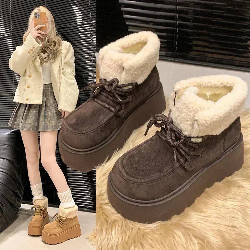 

Winter Lace Up Fluffy Snow Boots Round Toe Genuine Leather Flat Women Warm Ankle Boots Thick Sole Fashion Wool Snow Botas Mujer