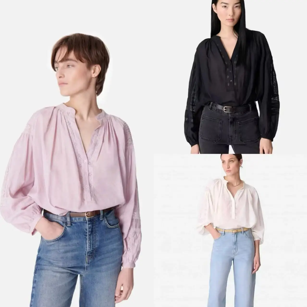 

French Sle Lace Splice Loose Bubble Sve V-Ne Long Sve Women's irt Spring Summer New Sweet Lace Trim irt