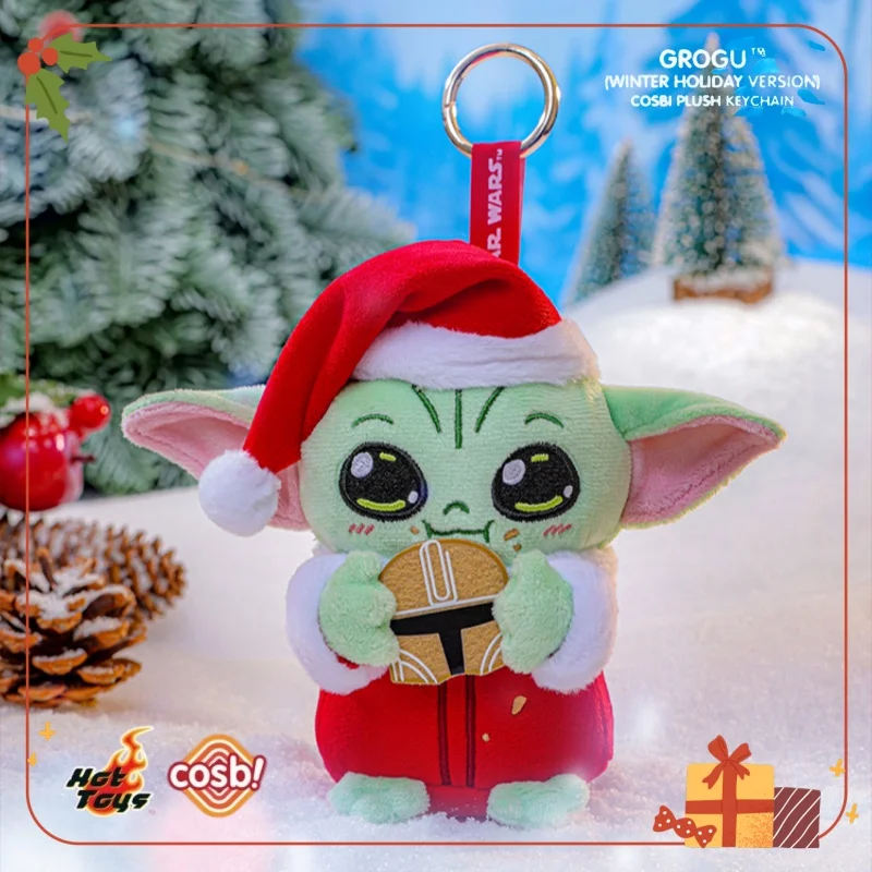 Genuine HotToys Cosbi Winter Holiday Grogg Baby Yoda Plush Keychain Furry Toy Pendant Collectibles Trendy Gift Christmas Decor