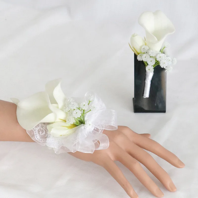 Corsage Bruidegom Boutonniere Pin Bruids Pols Corsage Witte Calla Lily Bruidsmeisje Armband Mannen Prom Bruiloft Bloem Accessoires