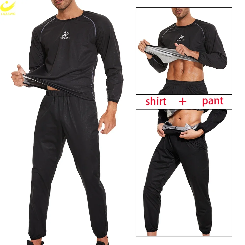 LAZAWG Sauna Set for Men Weight Loss Long Sleeve Sweat Top Leggings Slimming Body Shaper Fat Burner Jacket Trousers Workout