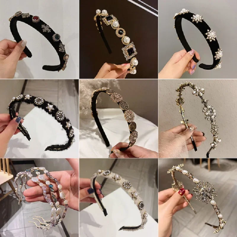 Minar Baroque Crystal Rhinestones Headband For Women 2023 Luxury Black Velvet Pearl Wide Brimmed Hair Band Accessories Headwear