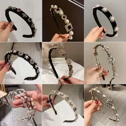 Minar Baroque Crystal Rhinestones Headband For Women 2024 Luxury Black Velvet Pearl Wide Brimmed Hair Band Accessories Headwear