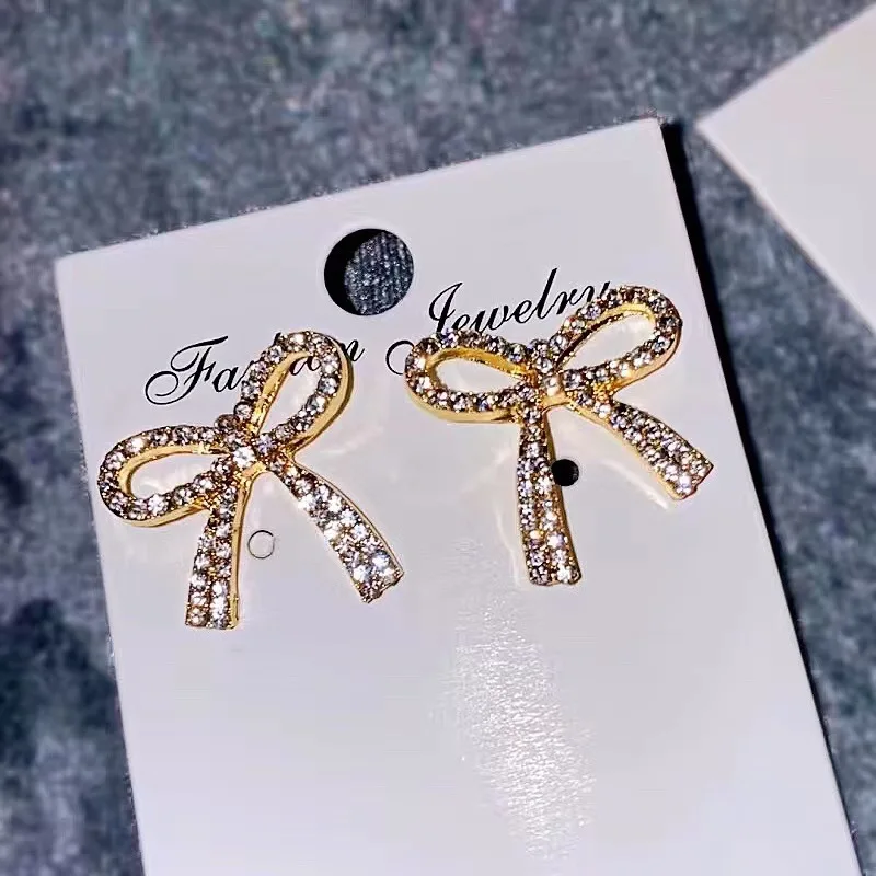 GRACE JUN New Gold Color Rhinestone Bow-knot Shape Clip on Earrings No Pierced Cuff Earrings Neend\'t Ear Hole Earrings Ear Clip