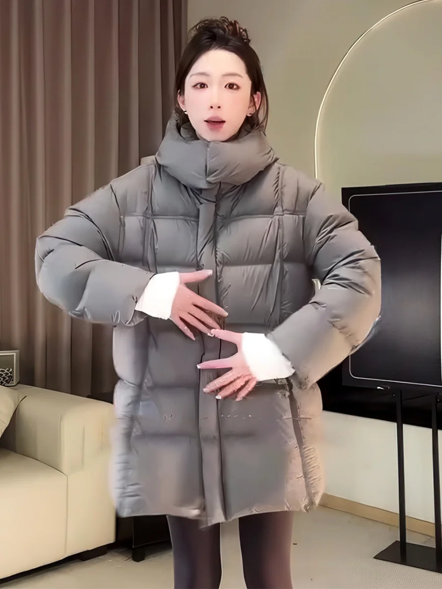 

Korean Sle Women's Puffer Jaet Hooded Mid-Length Du down Coat Warm Loose Outerwear Winter New National Stand