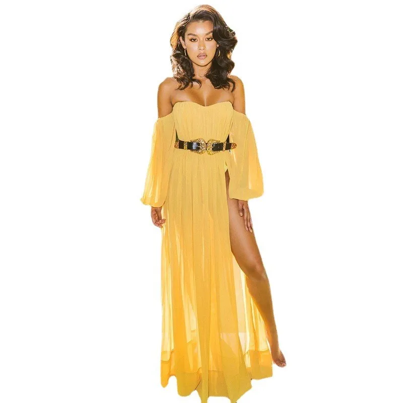 فستان عصري جديد بدون حمالات بكتف واحد وأكمام طويلة وخصر مطاطي #5