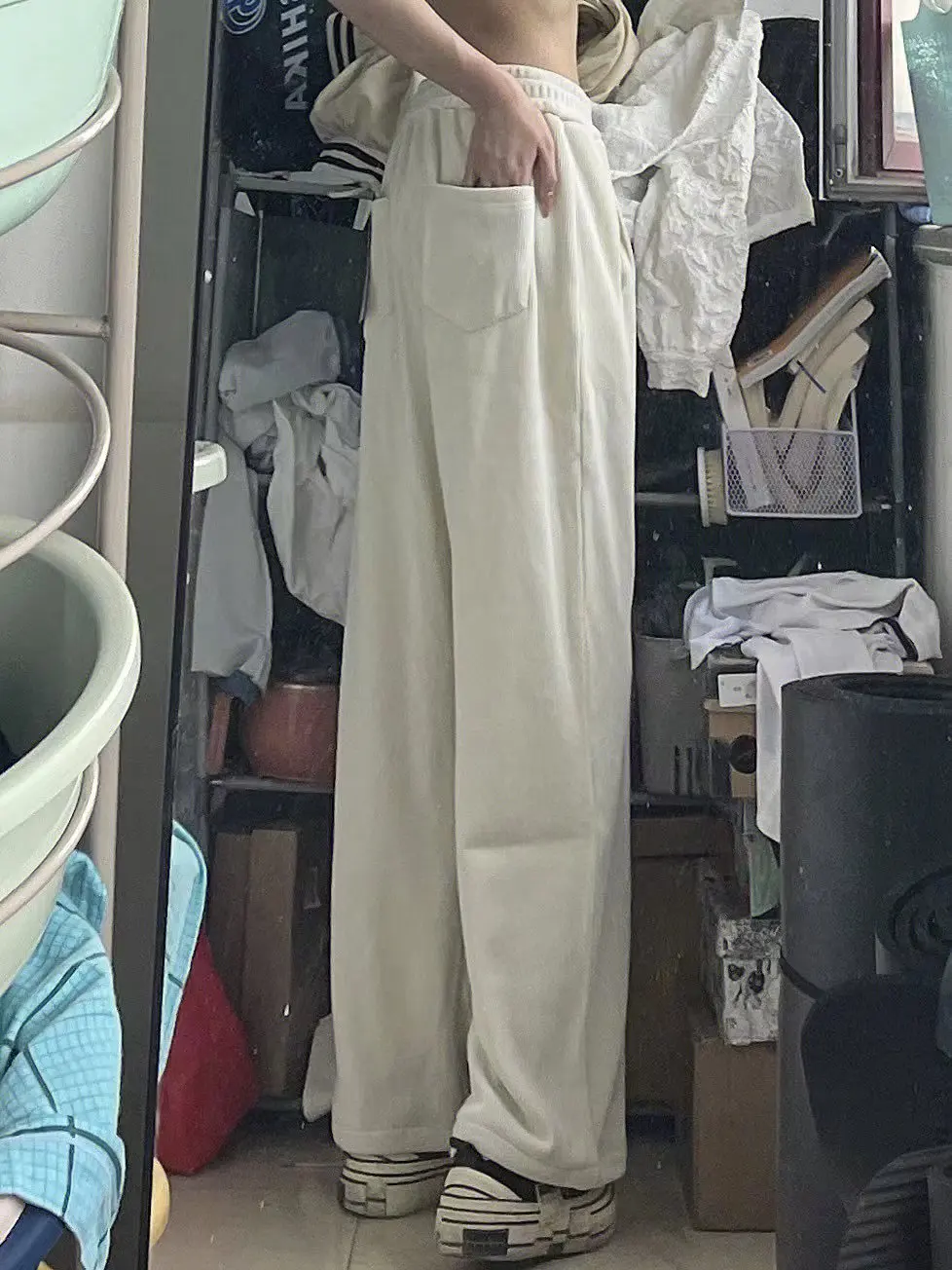 Witte Fce gevoerde losse sportbroek met wijde pijpen voor dames Hoge taille Lange rechte broek Sexy meisjes casual broek