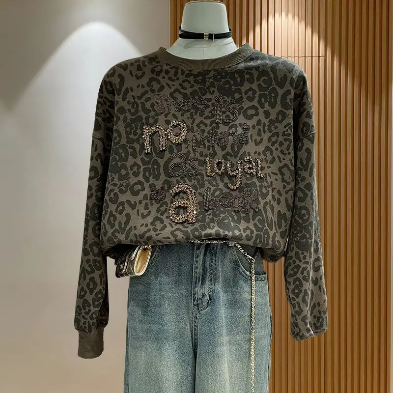 Korean Fashion Autumn Winter Women O-Neck Leopard Diamonds Simplicity Office Lady Long Sleeve Pullovers Loose Sweatshirts Tops