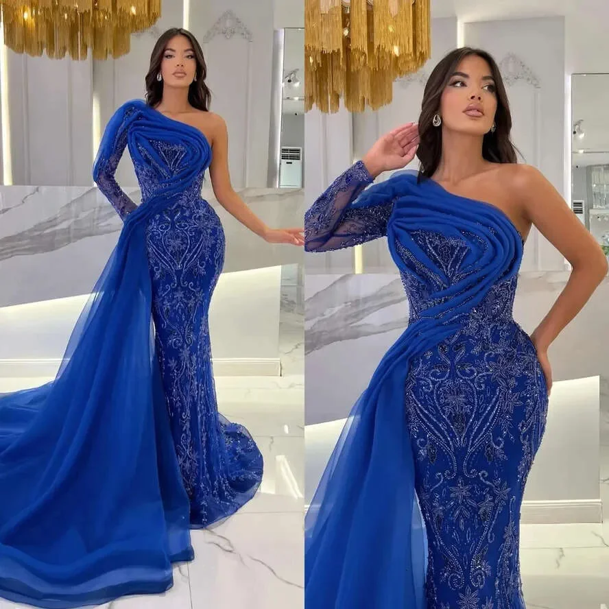 

Luxurious One Shoulder Mermaid Evening Gown Elegant Beading Sequins Prom Dress Side Train Party Gown Customized