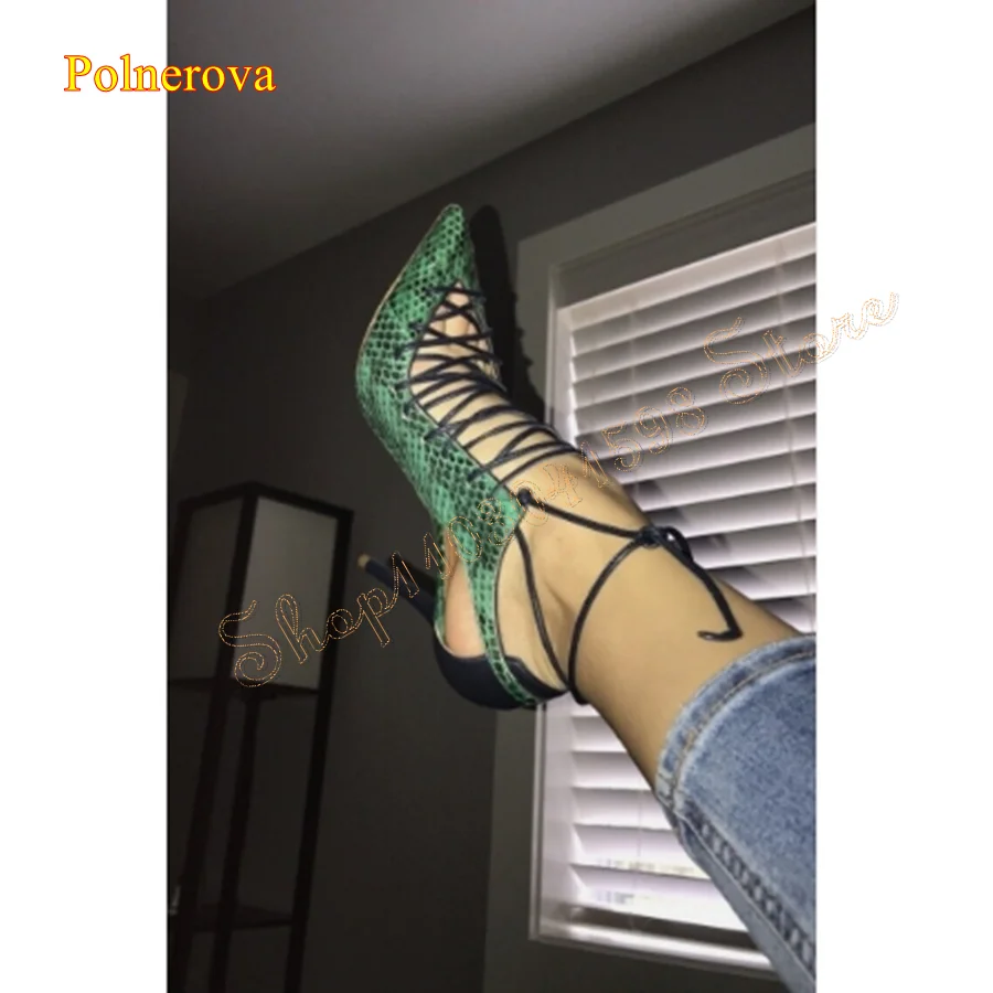 Pointed Toe Green Crocodile Print Sandals Stiletto Strap Women Shoes Wedding Party HIgh Heel Shoes 2024 New Zapatos Para Mujere