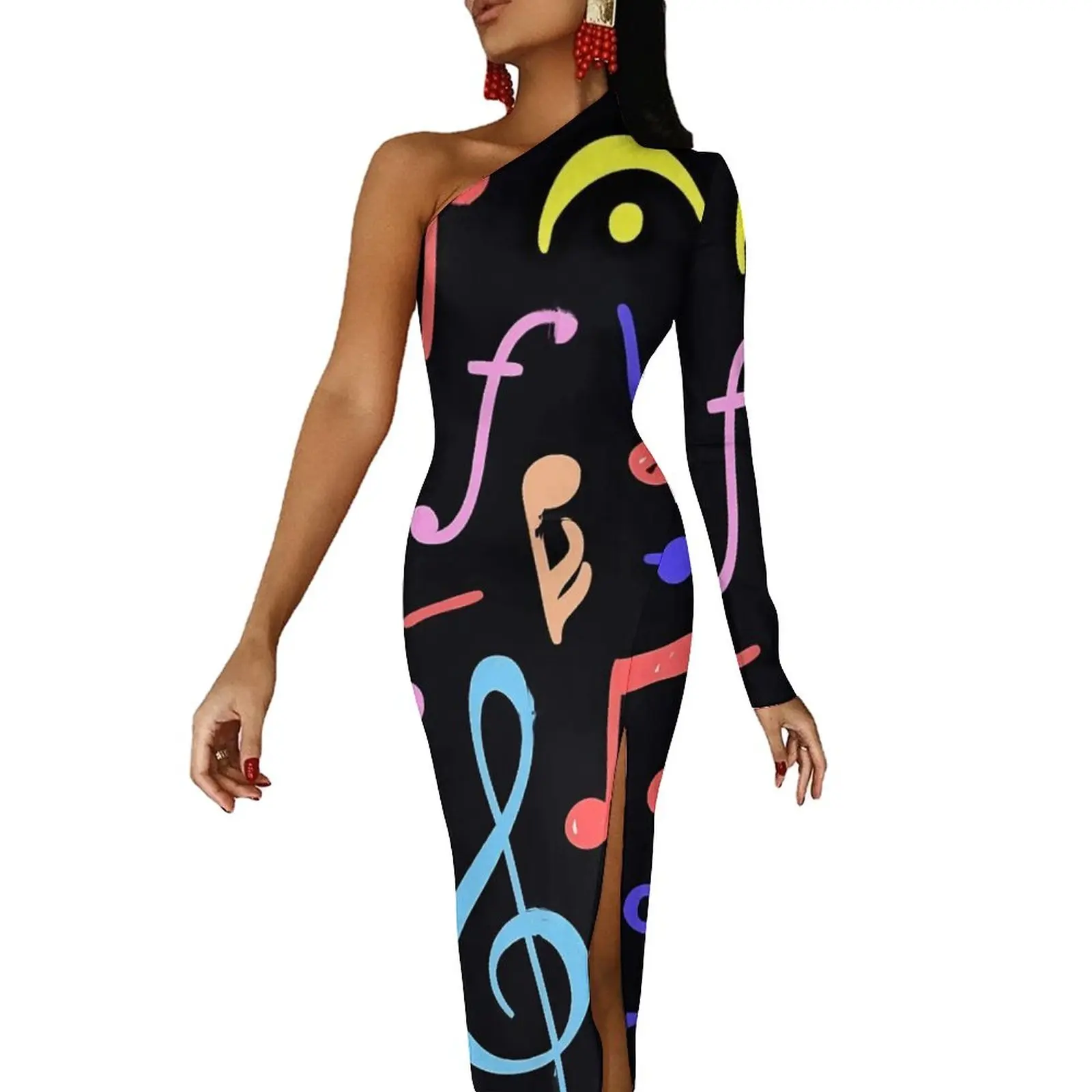 Music Notes Maxi Dress One Shoulder Colorful Print Aesthetic Bodycon Dresses Spring Cute Dress Female Design Vestidos