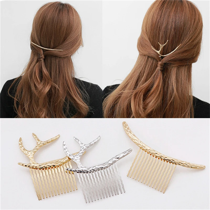 Elastic Hair Band Accessories Silver Plated and Gold Color Metal Headpiece Fashion Hair Pin Elk Antlers Retro Arc Combs