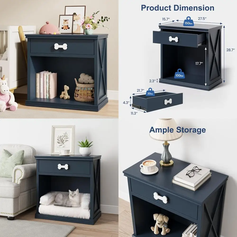 

Blue LED-Illuminated Wooden Sideboard Drawer and Shelf, Bedside Storage Cabinet with Pet House Feature, End Table for Stylish Ho