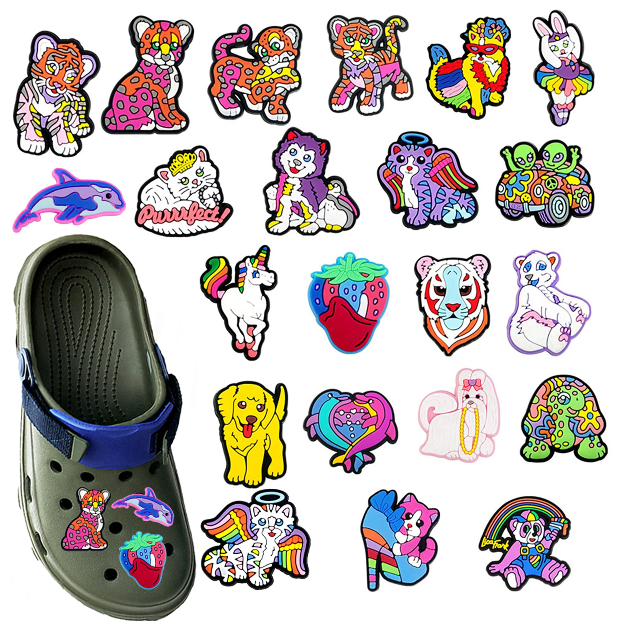 22pcs Cartoon Alien Cute Leopard Dolphin Series PVC Shoe Accessories DIY Detachable Waterproof Creativity Fashion Party Gifts