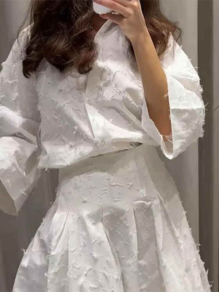 

Elegant 2 Piece Shirt Skirt Suits Set For Woman White Textured Shirts With A-Line Midi Skirts Summer New Casual Daily Outfit