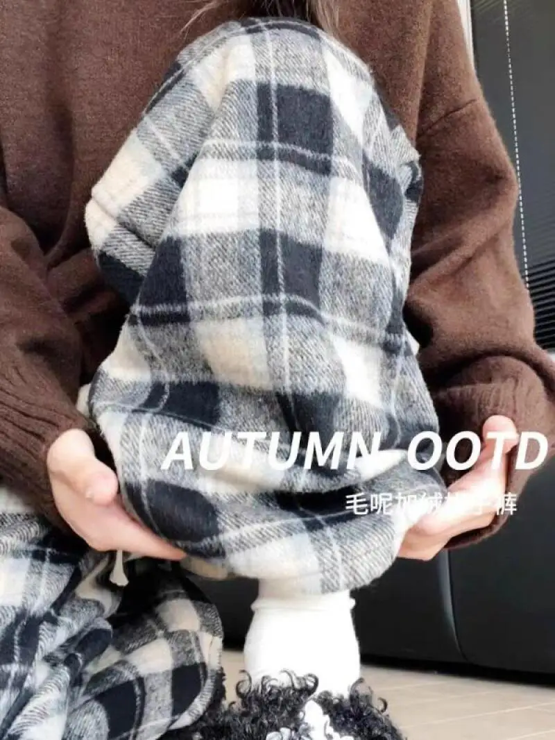 

Женские брюки дышащие винтажные мягкие джинсовые зимне-осенние коричневые флисовые клетчатые брюки с высокой талией, носимые из плотного хлопка, прямые повседневные брюки