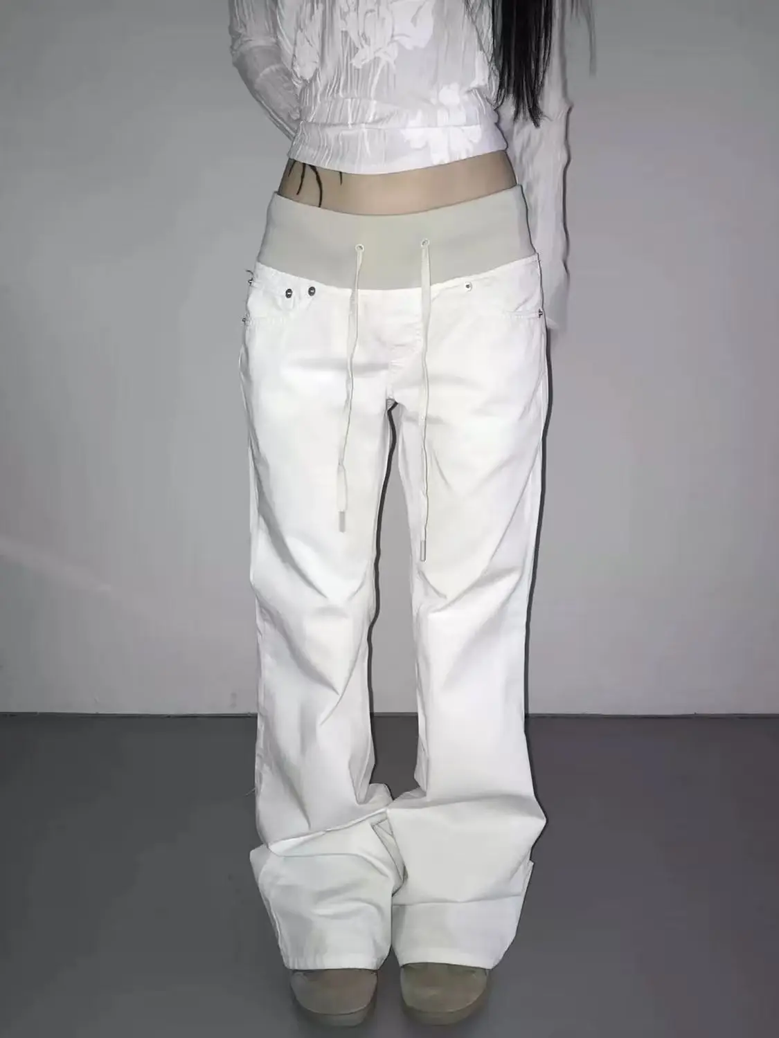 Women American Street Washed Spliced Elastic Waist Flare Jeans Plus Size Loose Drape Wide Leg Casual Trendy Denim Long Pants