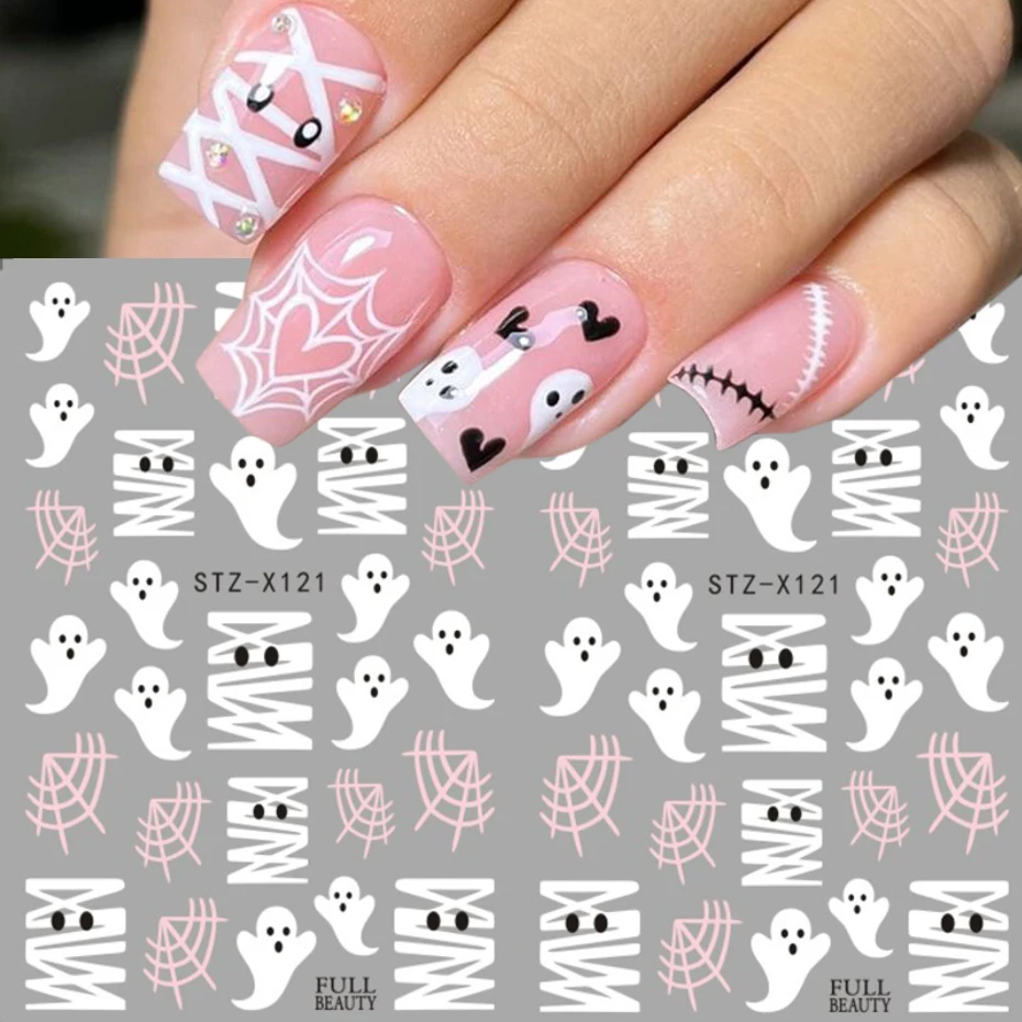 Halloween Nail Art Stickers Featuring Ghost Spider Web & Mummy Pattern Design Self-adhesive Nail Decals DIY Nail Decorations
