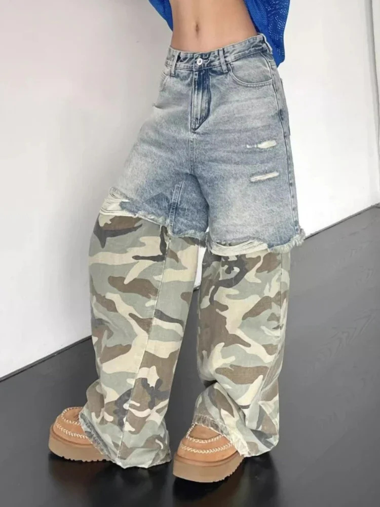 

ADAgirl Vintage Camouflage Spliced Ripped Jeans for Women Hip Hop Y2k Chic Baggy Wide Leg Denim Pants Streetwear Casual Trousers