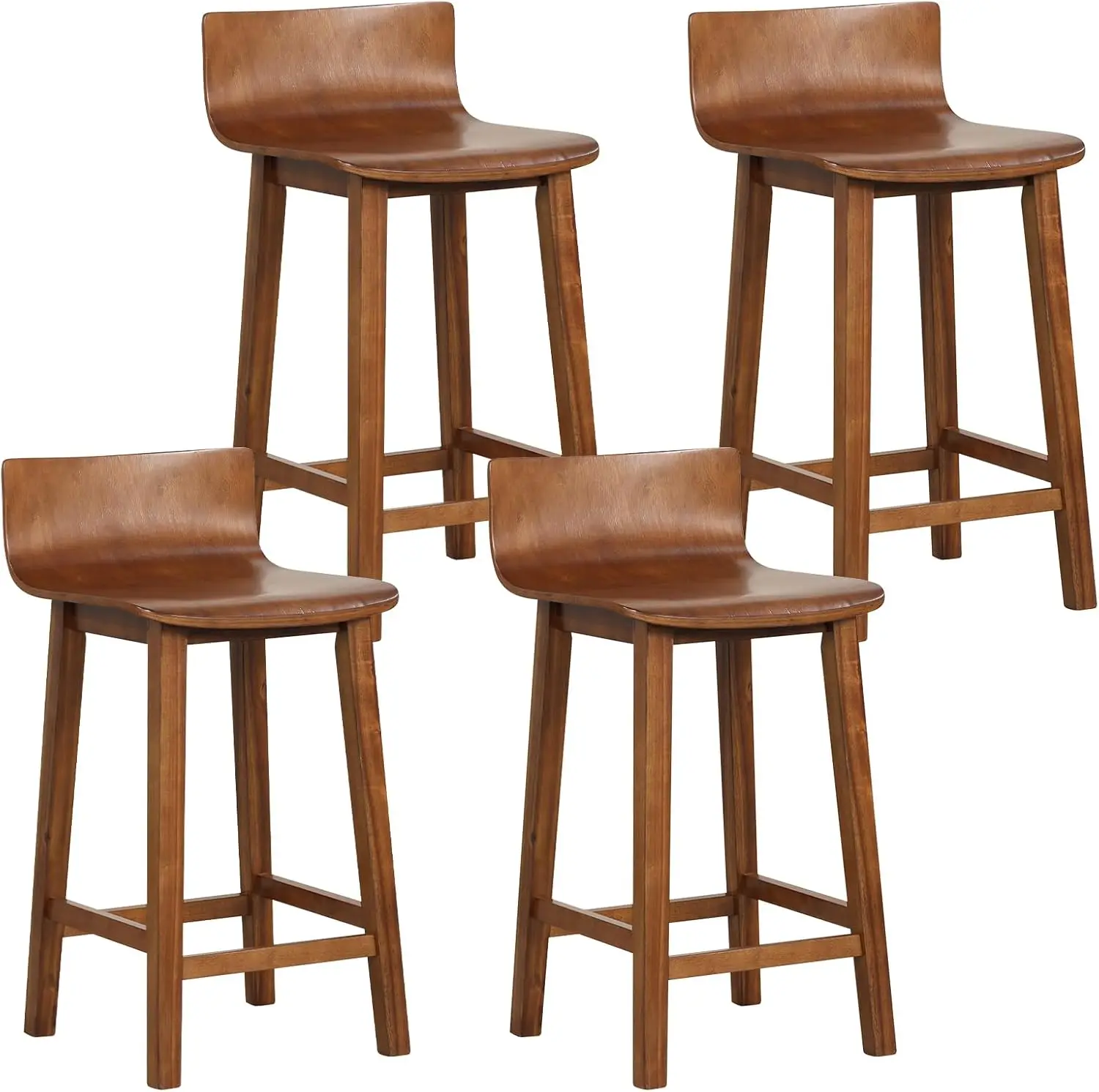 Solid Wood Bar Stools Set of 4, 24.5-inch Counter Height Chairs with Low Backrest and Footrest, Wooden Pub Barstools, Armless Ki