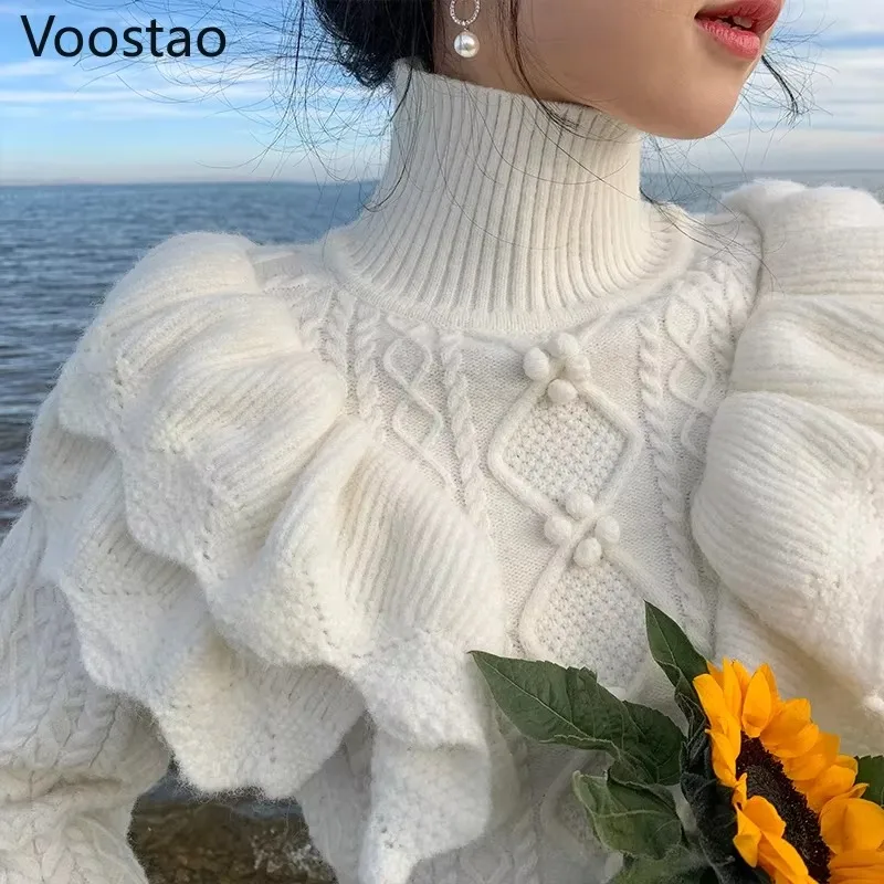 Autumn Winter Women Sweet Ruffles Knitted Pullovers Casual Turtleneck Loose Sweater Female Korean Chic Puff Sleeve Knitwear Tops