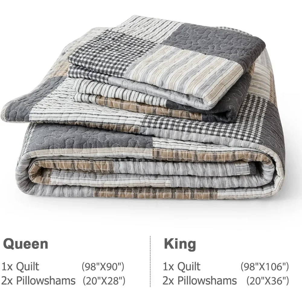 Quilted Extra Large -100% Pure Cotton Grid Extra Large Quilt, Farmhouse and Rural Quilted Bedding Set, 3 Pieces