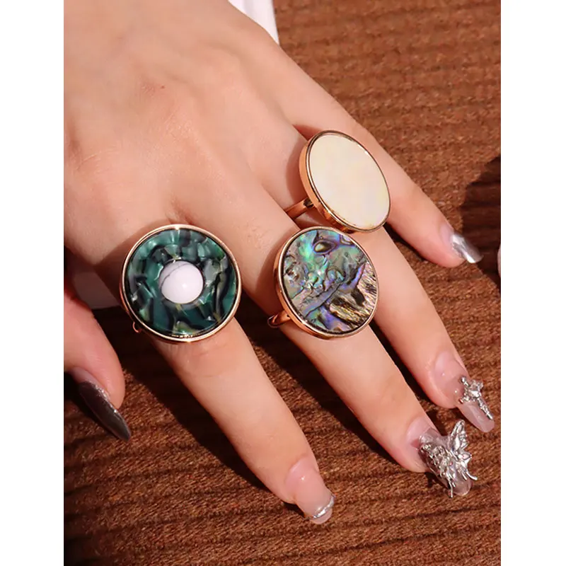 Geometry Round Colorful Shell White Stone Europe America Trend Vintage Ring for Women Girl Jewelry HUANZHI NEW Mother\'s Day Gift