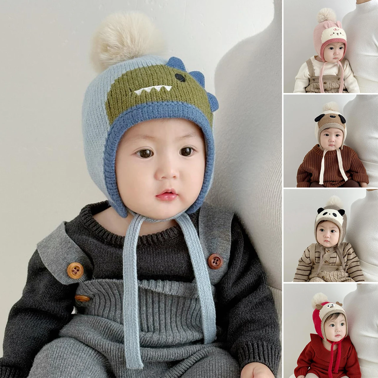 Cute Cartoon Animals Pompom Hat Baby Ear Protection Winter Warm Toddler Knitted Cap Beanies 6-36Month Kids Woolen Crochet Bonnet view 2