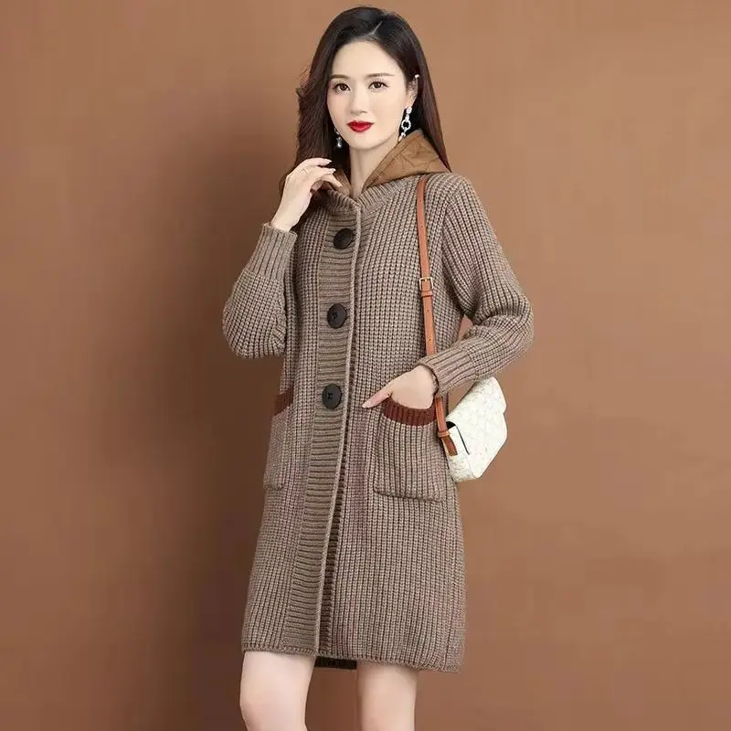 

Sweater Jacket Women 2025 New Autumn Winter Fashion Coat Female Mid Long Hooded Loose Casua Knitwear Ladies Overcoat Tops
