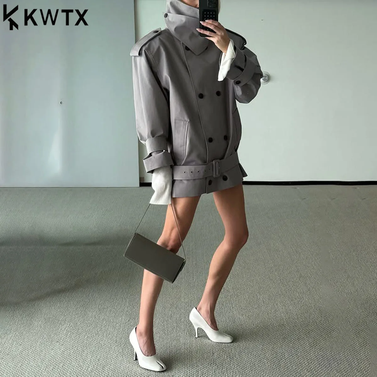 

KWTX женские свободные двубортные модные плащи для женщин с лацканами и длинными рукавами в стиле пэчворк, плащ с поясом, женская одежда, новинка