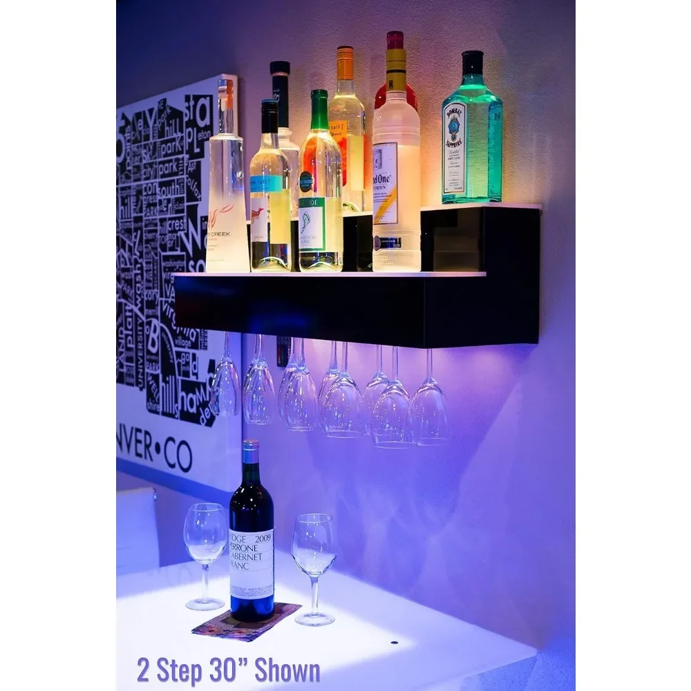 48" 2 Tier Wall Mounted Liquor Display Bar Shelves w/Wine Glass Rack