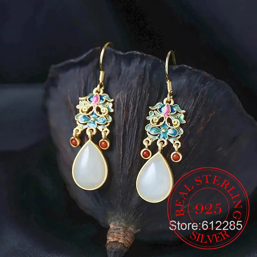 

925 Sterling Silver Jewelry 18K Gold Plated Natural Jade Long Tassel Enamel Drop Earrings For Women Wedding Party Jewelry Gift