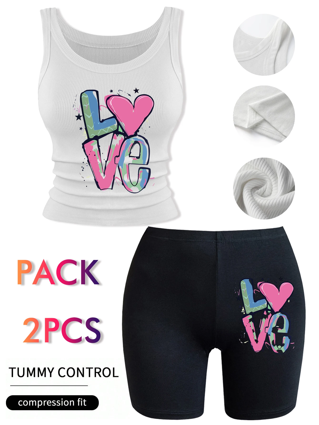

Креативный красочный комплект с принтом «Любовь»: укороченный топ-камизоль и шорты для фитнеса из хлопка в стиле хип-хоп, летние эластичные леггинсы