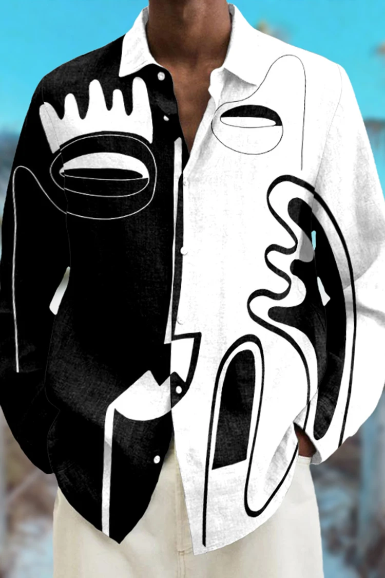 2025 Fashion Abstract 3D Printed Long Sleeve Shirts Simple Black And White Color Scheme men's Tops Casual Lapel Button Up Shirt