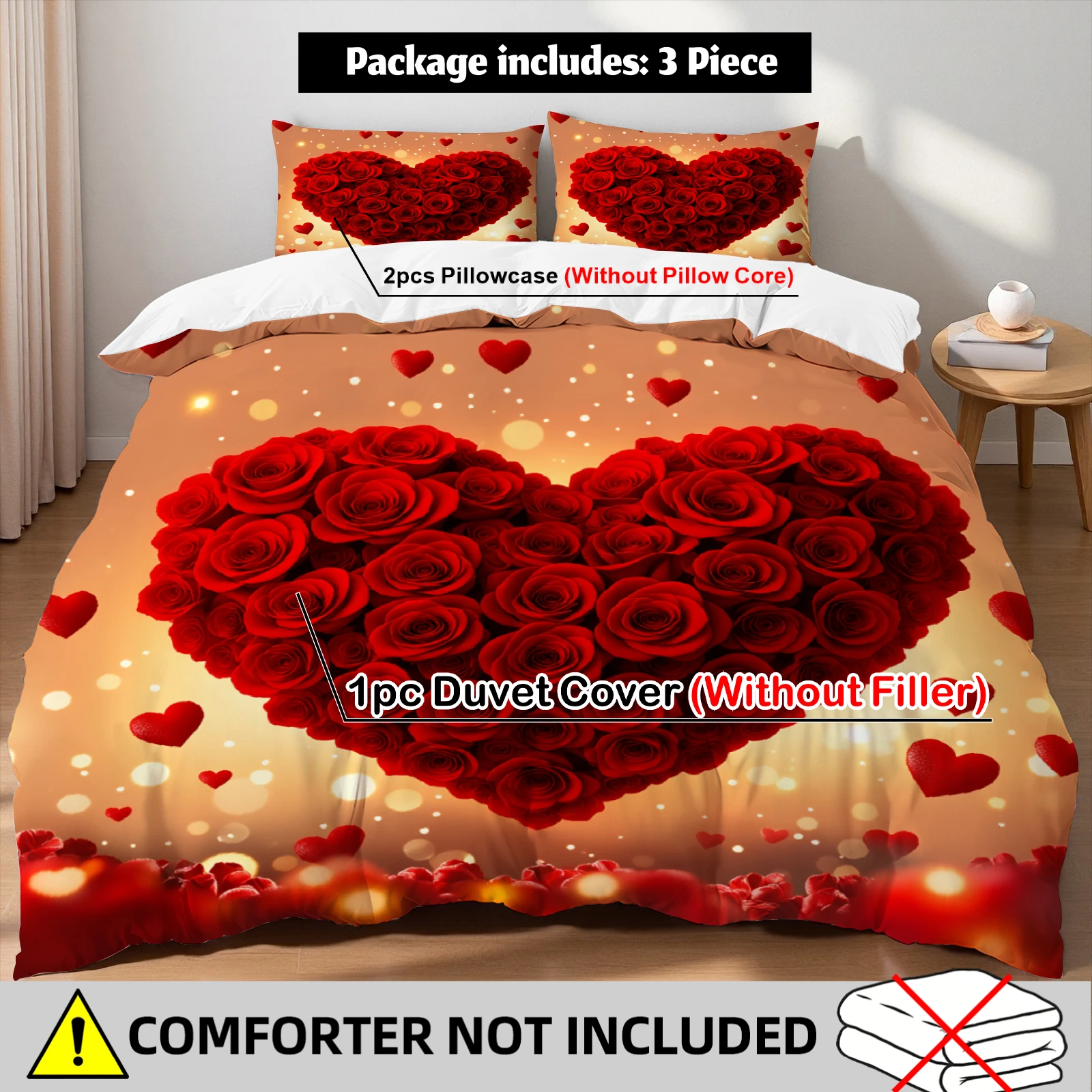 Valentine Rose Heart Duvet Cover Set Red Heart Rose Bedding Sets For Couples Bedroom Twin Queen King Size With 2 Pillowcases